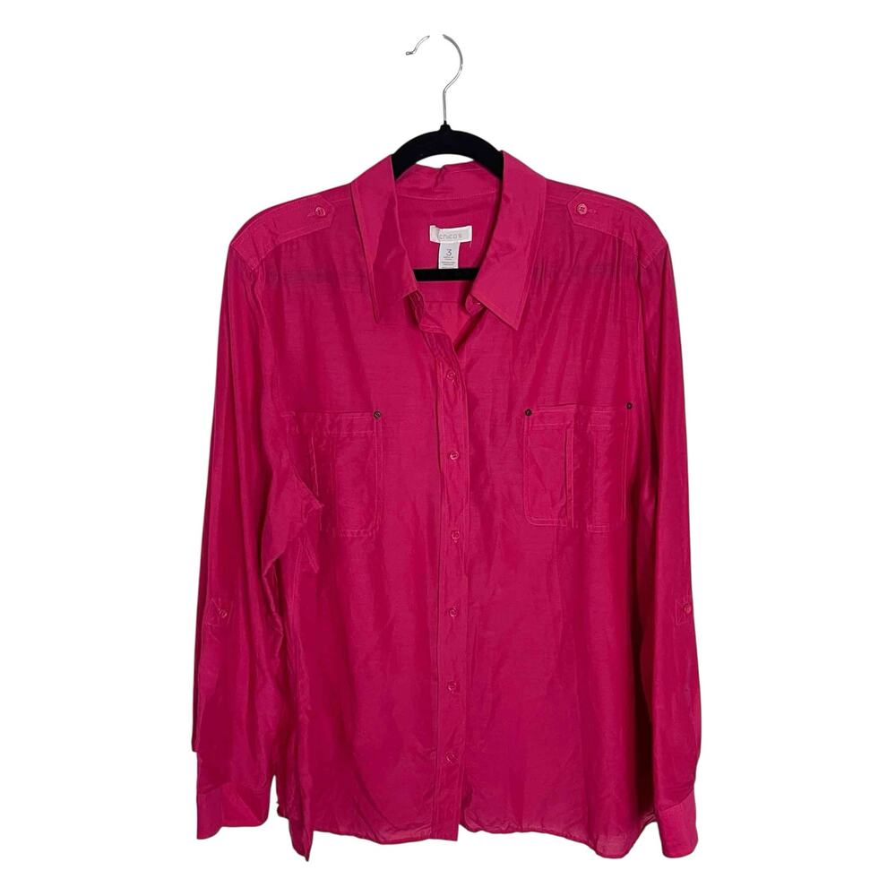 Women's Chico's Long Sleeve Pockets Button Front Shirt Pink Silk Blend Size 3/L